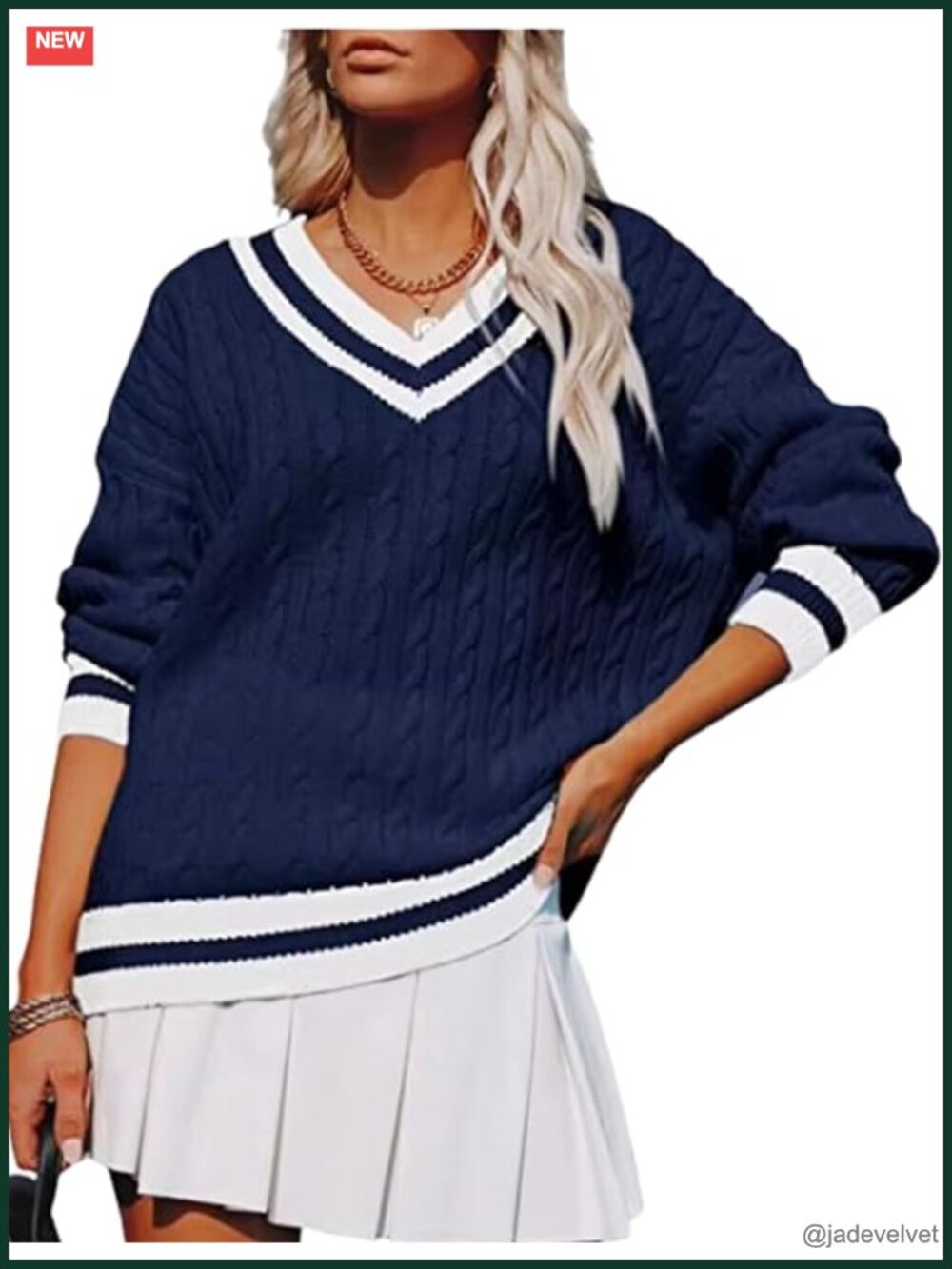 Casual V Neck Long Sleeve Cable Knit Striped Pullover Sweater